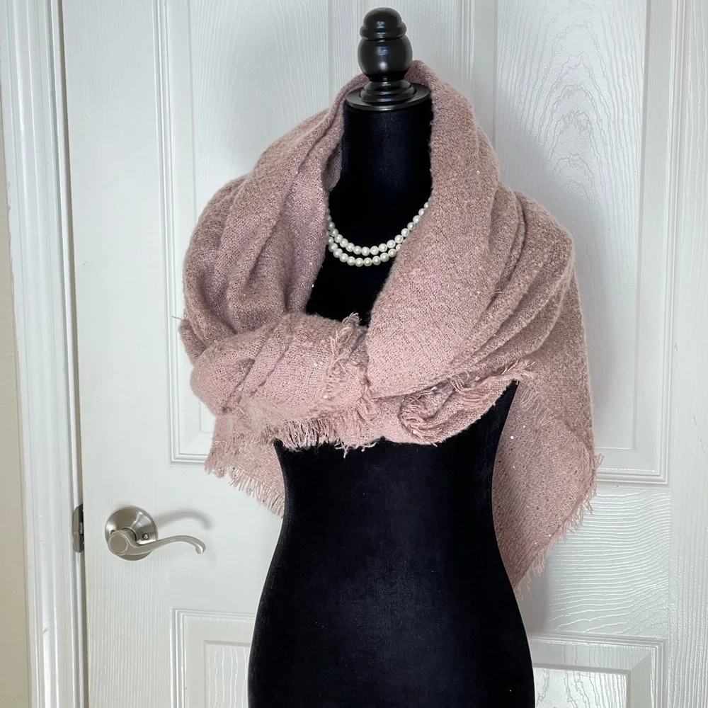 Pink Cozy Blanket Scarf Oversized Winter Wrap Long Fringe Shawl Sequin Outerwear